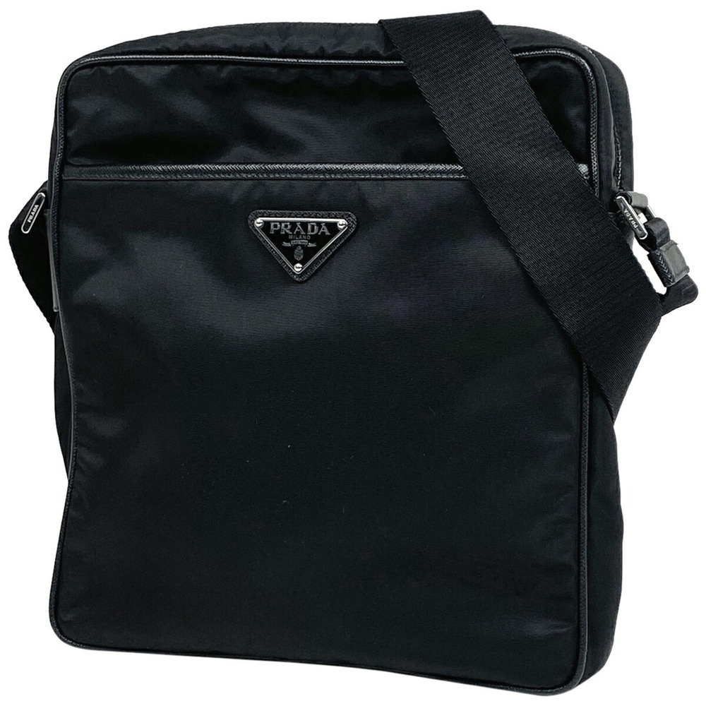 Prada Logo Plate Shoulder Bag Crossbody Tessuto Nero Black